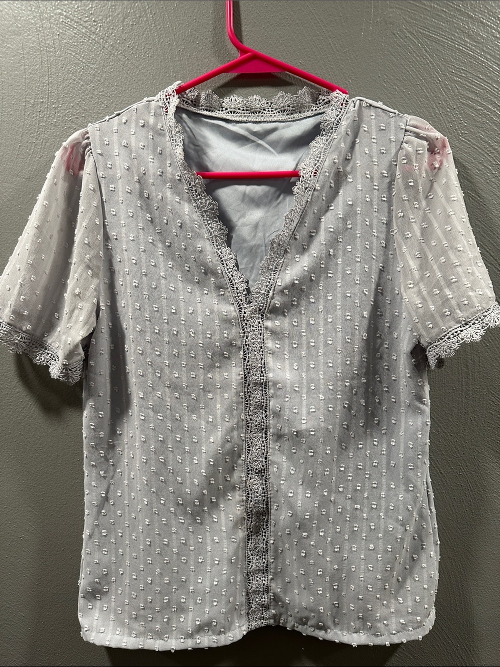 Women's Light Blue Swiss Dot Lace Trim Blouse